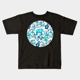 Dusty Pink, White and Teal Elephant and Floral Watercolor Pattern Kids T-Shirt